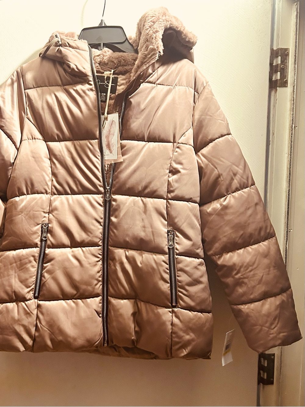 Jessica Simpson Taupe Quilted Hooded Puffer Coat